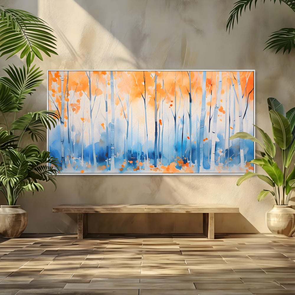 Tablou canvas cu pictura orizontala cu padure de toamna, in rama de aluminiu argintiu